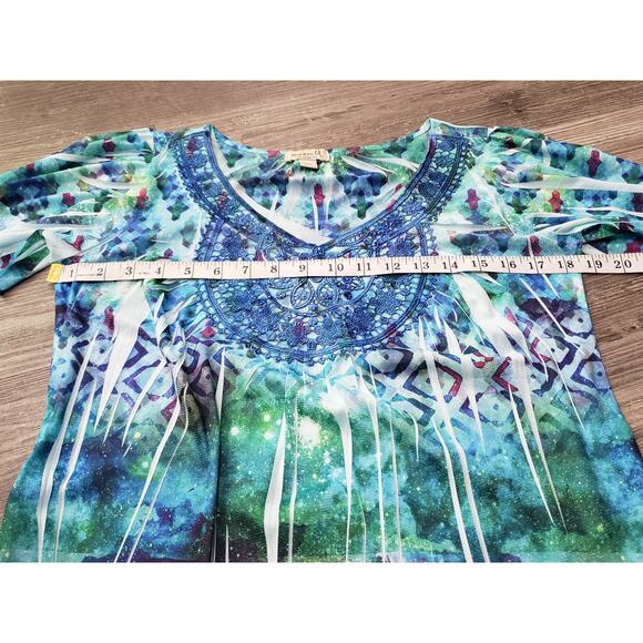 One World Live & Let Live Tie Dye Multi Color Short Sleeve V Neck Blouse Shirt - Picture 5 of 7